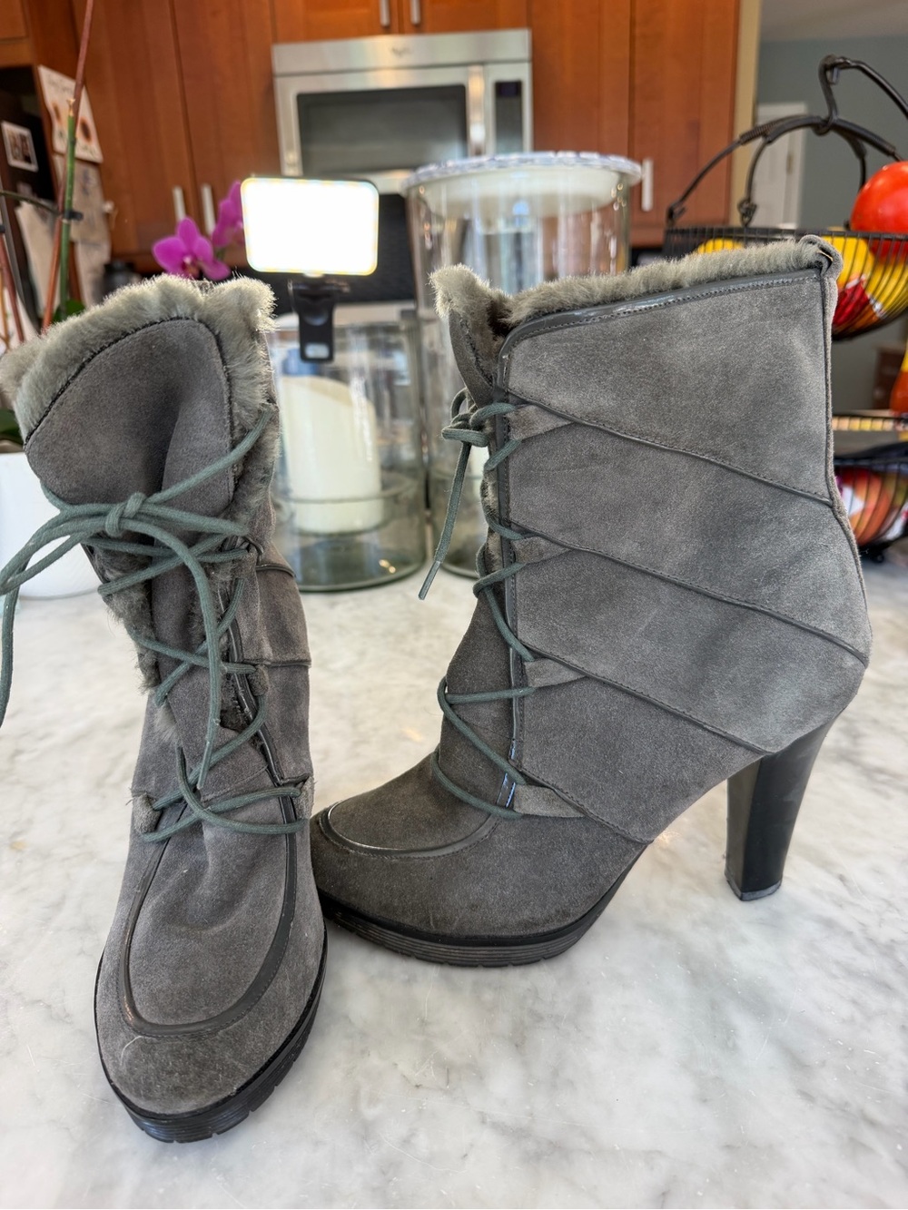 Calvin Klein Dizzy Gray Suede Lace-Up Faux Fur Heeled Ankle Boots